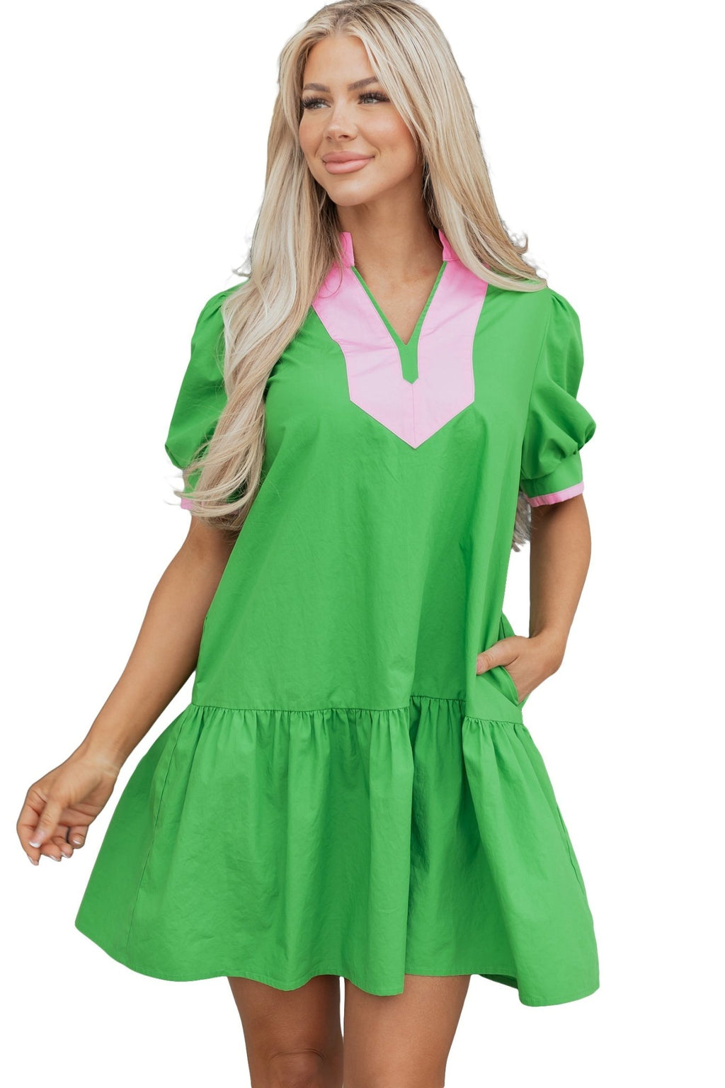 Colorblock Split Neck Puff Sleeve Mini Dress - Rooted & Reckless Co.