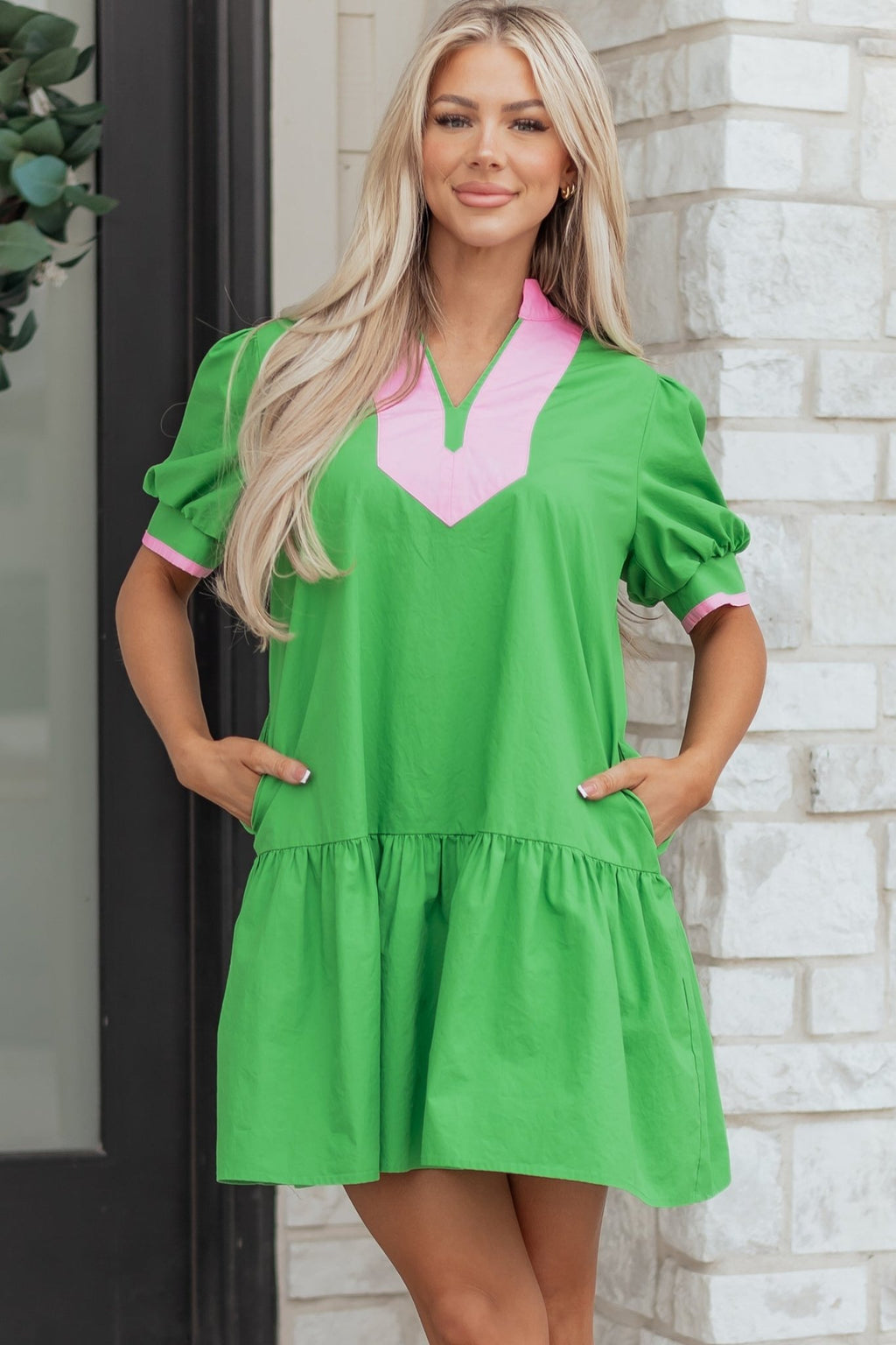 Colorblock Split Neck Puff Sleeve Mini Dress - Rooted & Reckless Co.