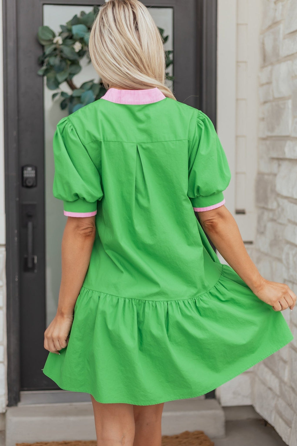 Colorblock Split Neck Puff Sleeve Mini Dress - Rooted & Reckless Co.