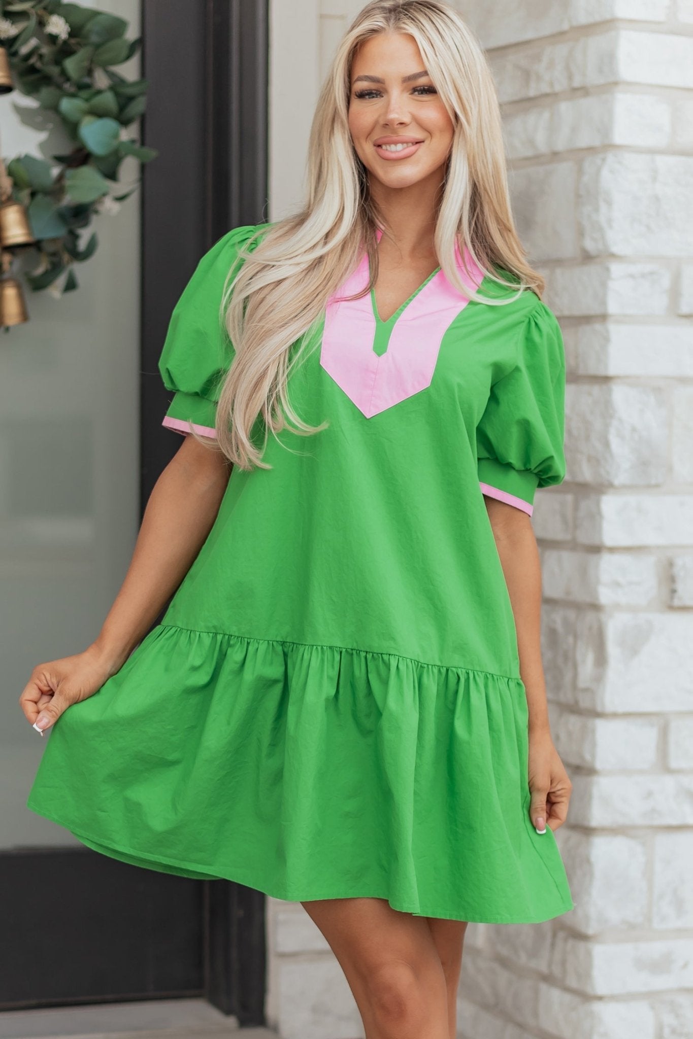 Colorblock Split Neck Puff Sleeve Mini Dress - Rooted & Reckless Co.