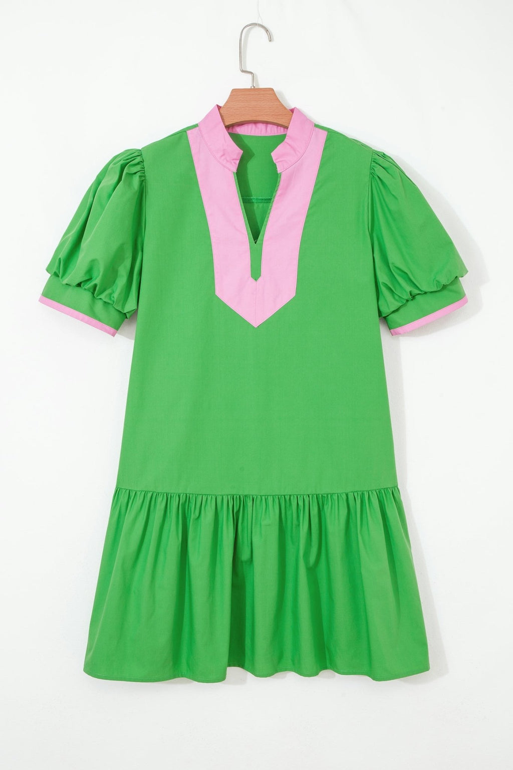Colorblock Split Neck Puff Sleeve Mini Dress - Rooted & Reckless Co.