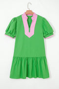Colorblock Split Neck Puff Sleeve Mini Dress - Rooted & Reckless Co.