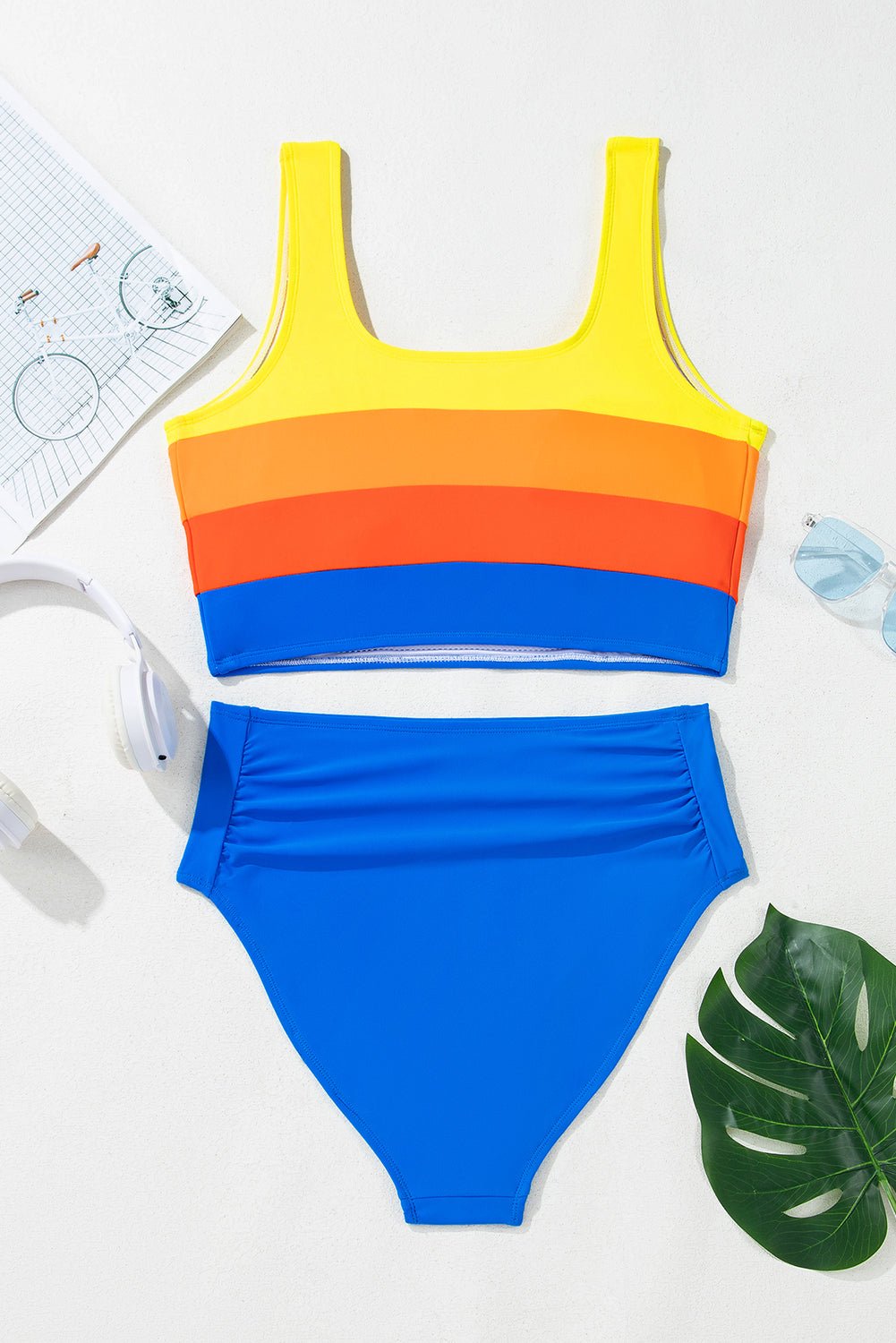 Colorblock Square Neck Top & High Waist Bikini Set - Rooted & Reckless Co.