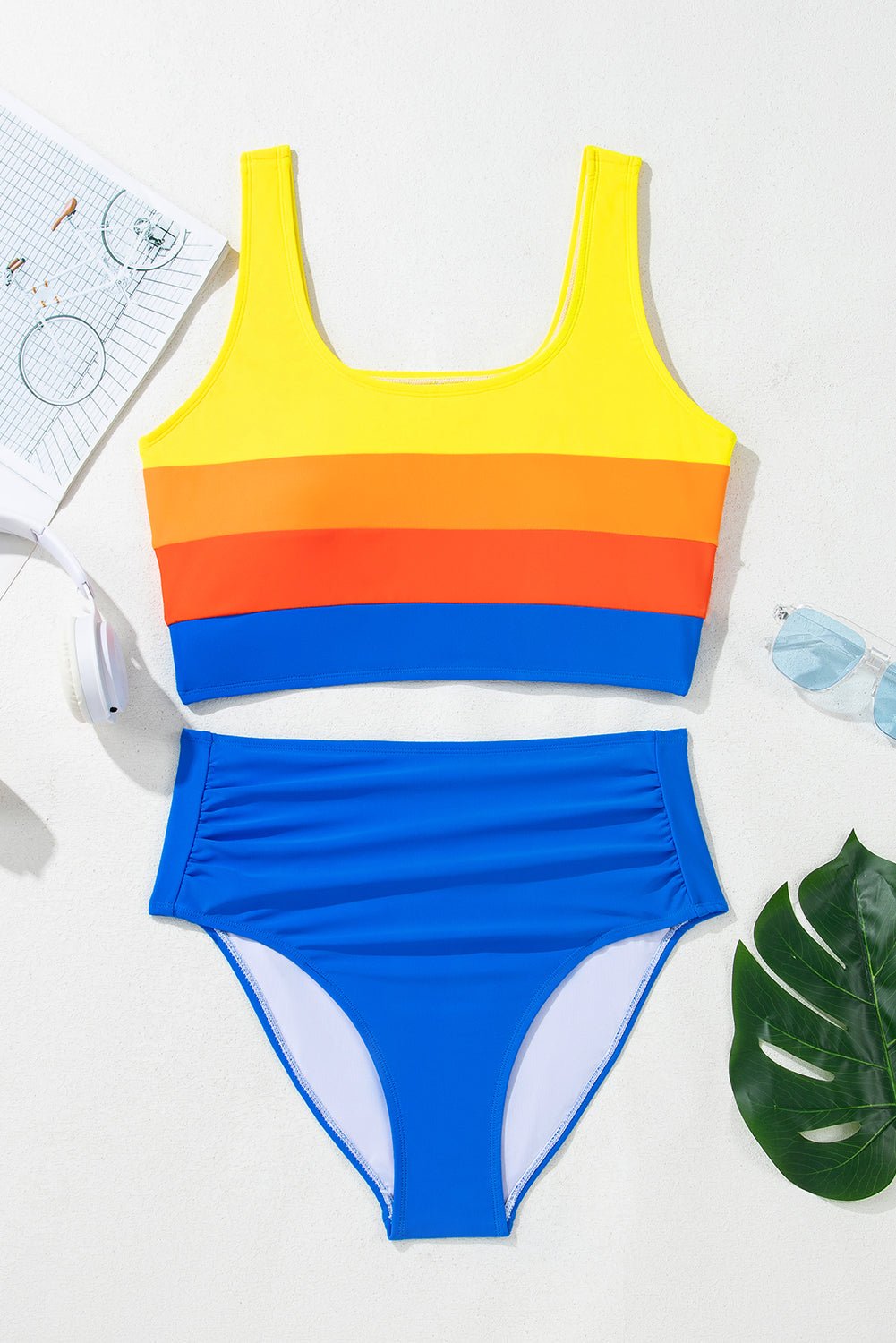 Colorblock Square Neck Top & High Waist Bikini Set - Rooted & Reckless Co.