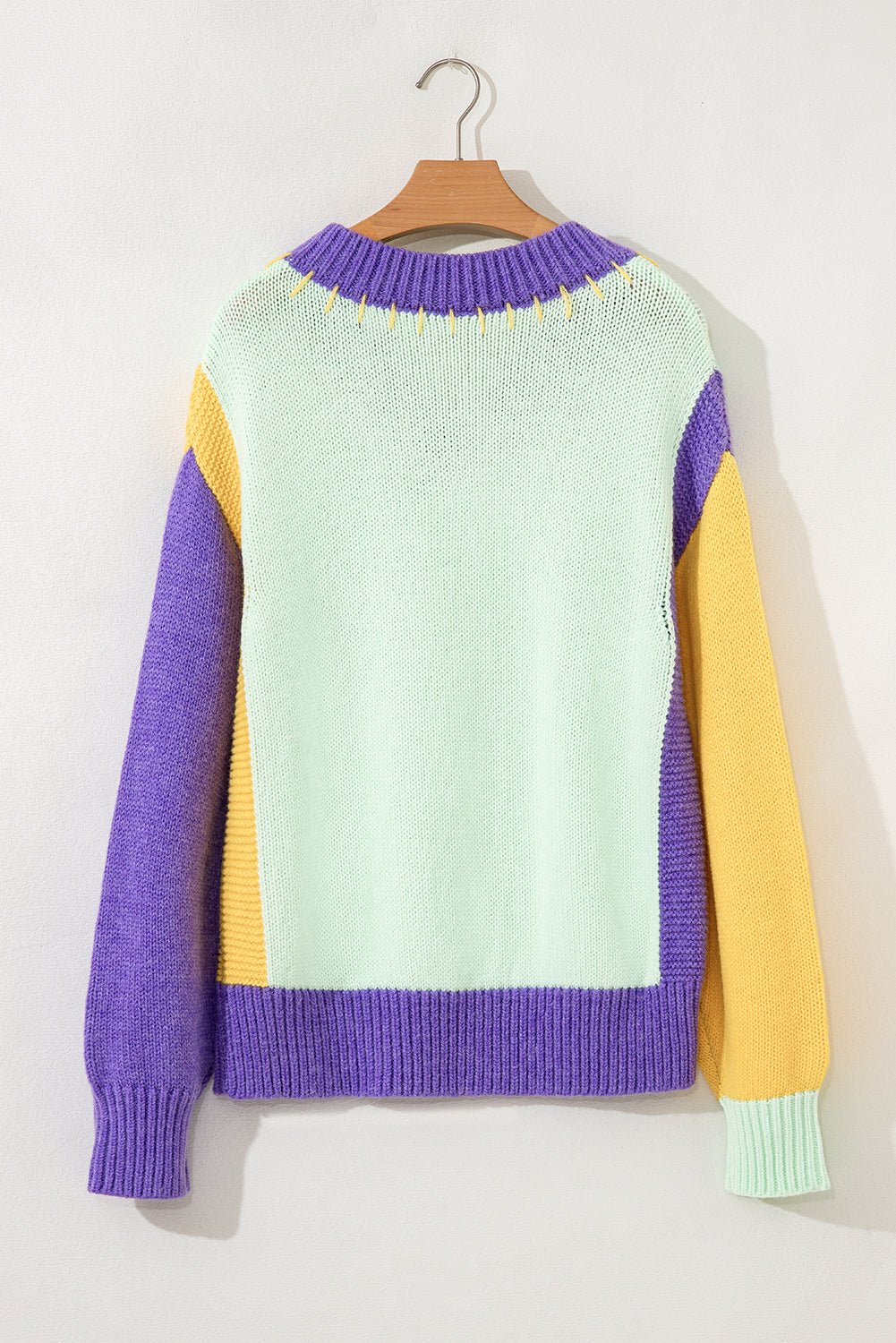 Colorblock Stitched V-Neck Drop Shoulder Sweater - Rooted & Reckless Co.