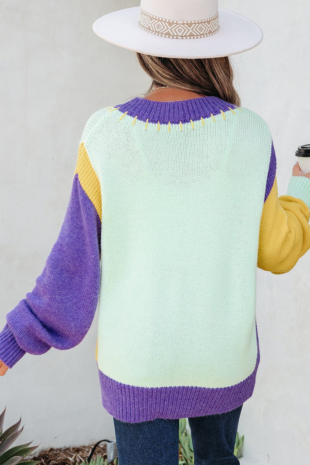 Colorblock Stitched V-Neck Drop Shoulder Sweater - Rooted & Reckless Co.