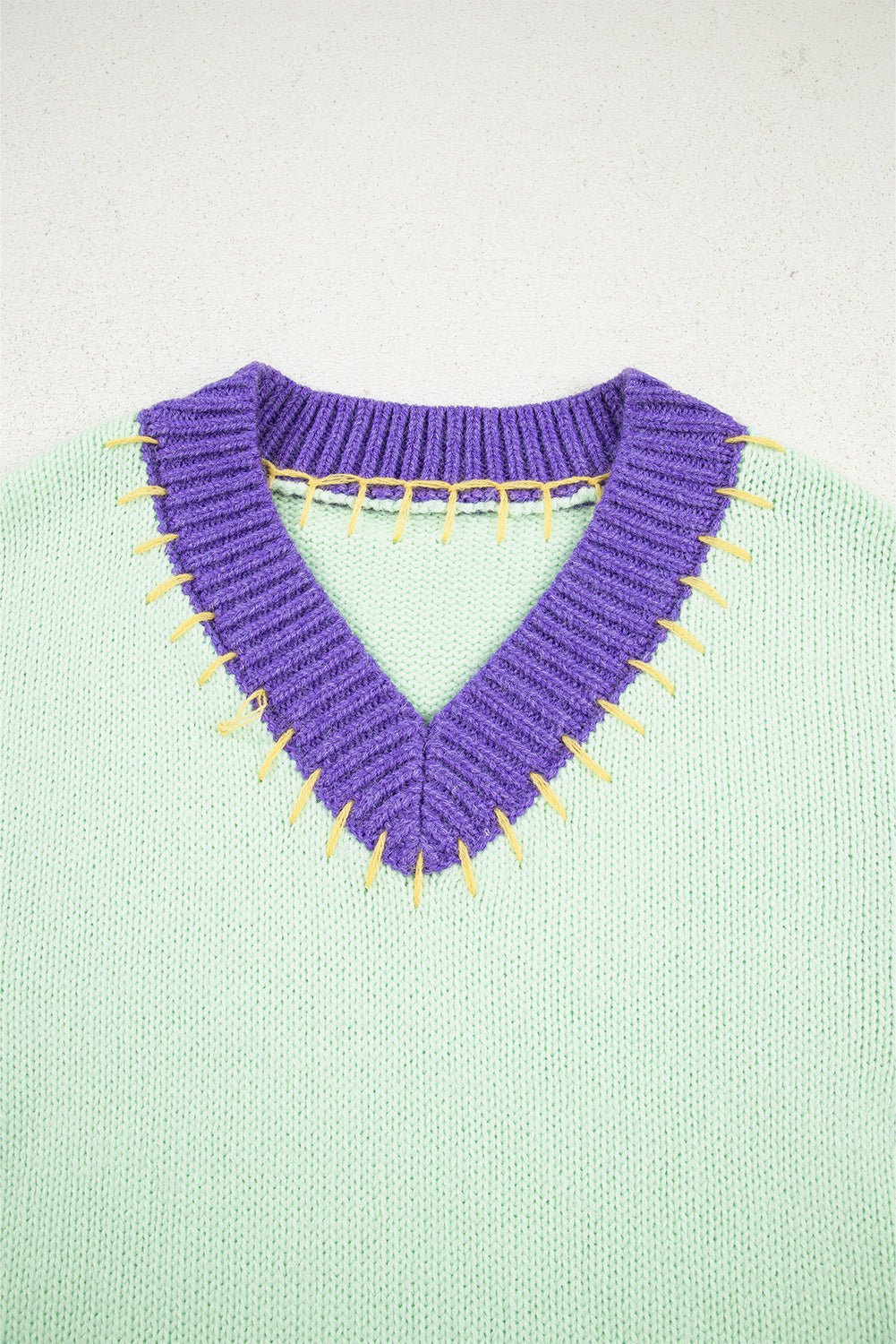 Colorblock Stitched V-Neck Drop Shoulder Sweater - Rooted & Reckless Co.