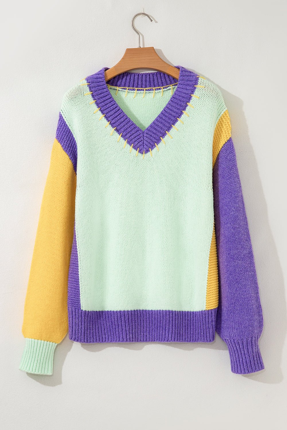 Colorblock Stitched V-Neck Drop Shoulder Sweater - Rooted & Reckless Co.