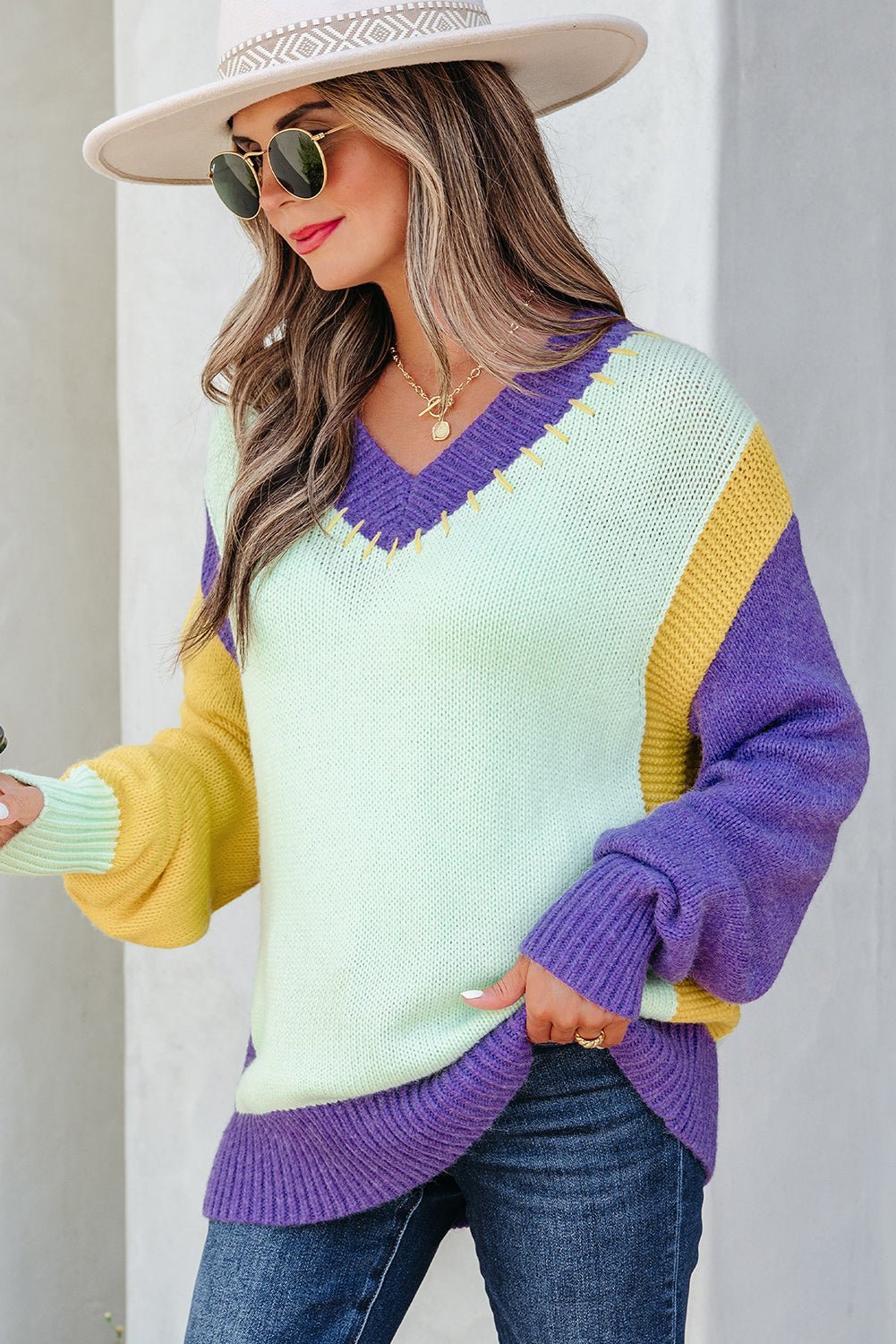 Colorblock Stitched V-Neck Drop Shoulder Sweater - Rooted & Reckless Co.