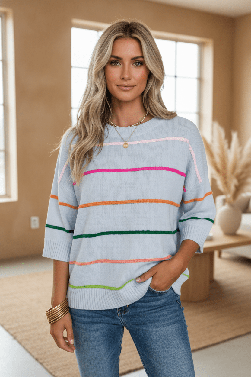 Colorblock Stripe 3/4 Sleeve Drop Shoulder Sweater - Rooted & Reckless Co.
