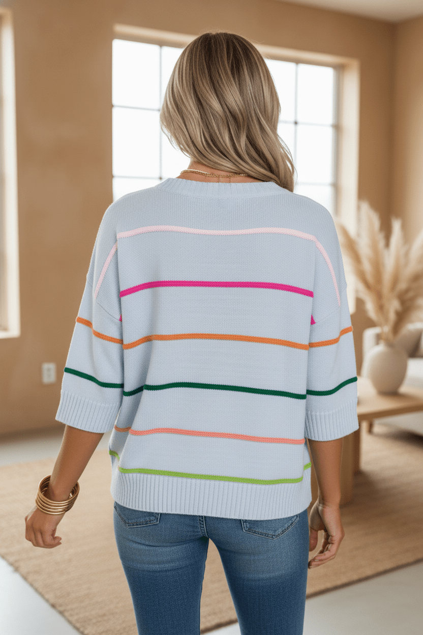 Colorblock Stripe 3/4 Sleeve Drop Shoulder Sweater - Rooted & Reckless Co.