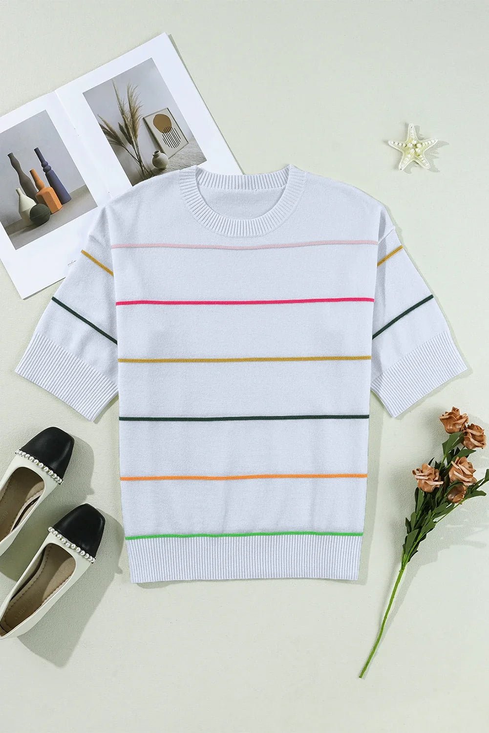 Colorblock Stripe 3/4 Sleeve Drop Shoulder Sweater - Rooted & Reckless Co.