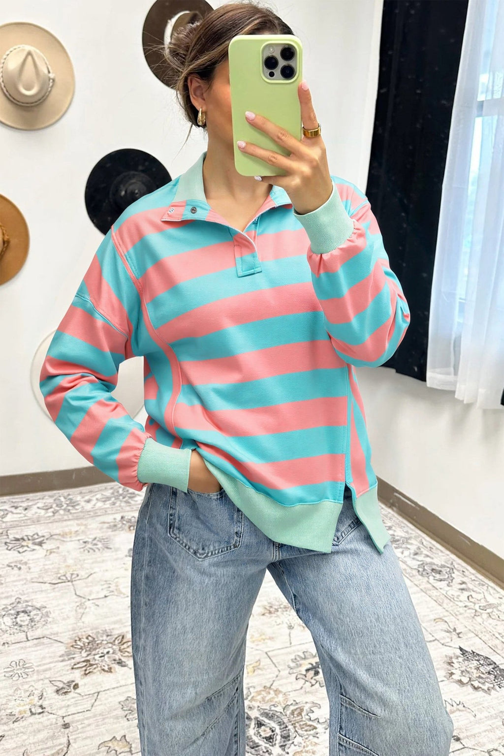 Colorblock Stripe Buttoned Collar Side Slit Top - Rooted & Reckless Co.