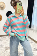 Colorblock Stripe Buttoned Collar Side Slit Top - Rooted & Reckless Co.