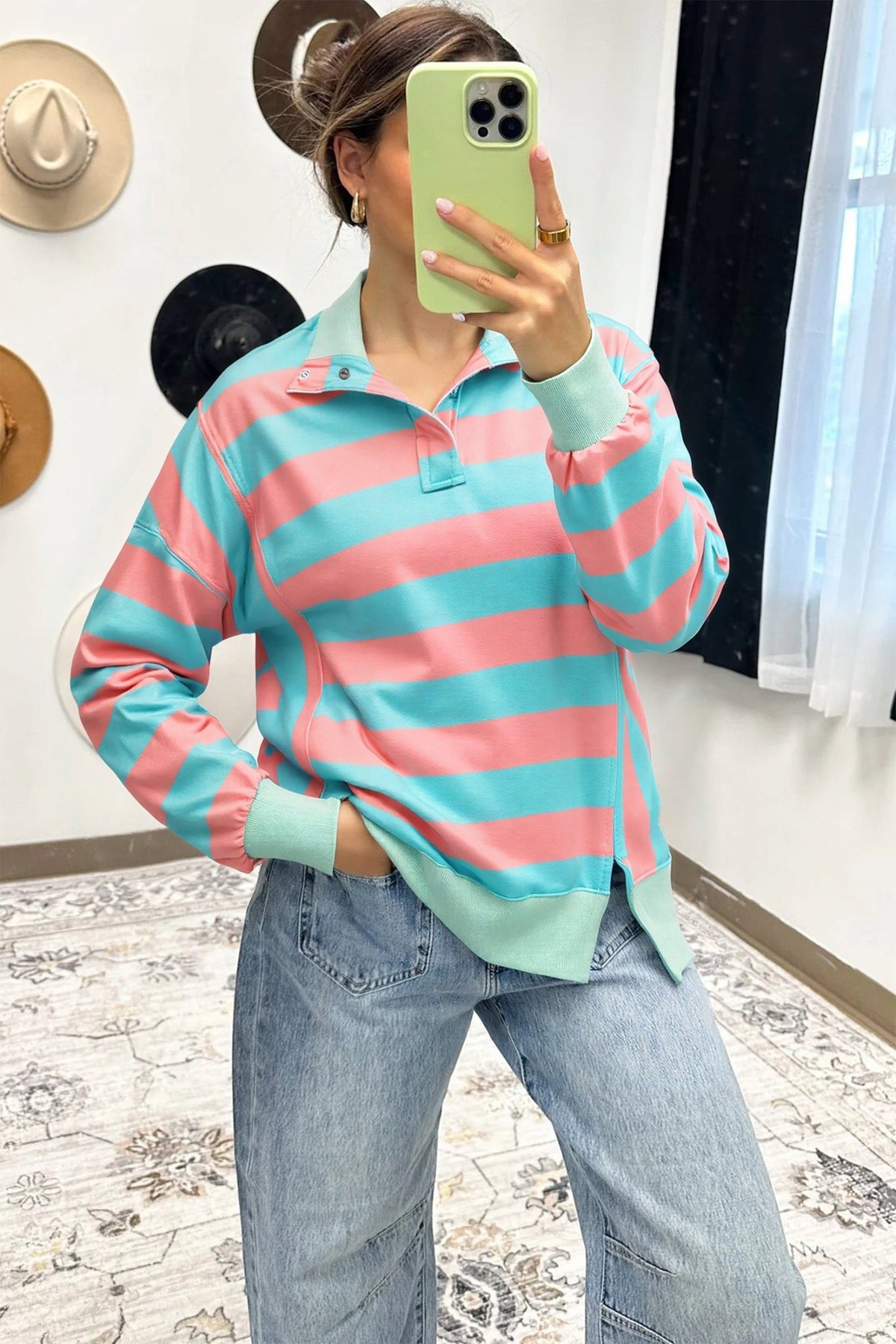 Colorblock Stripe Buttoned Collar Side Slit Top - Rooted & Reckless Co.
