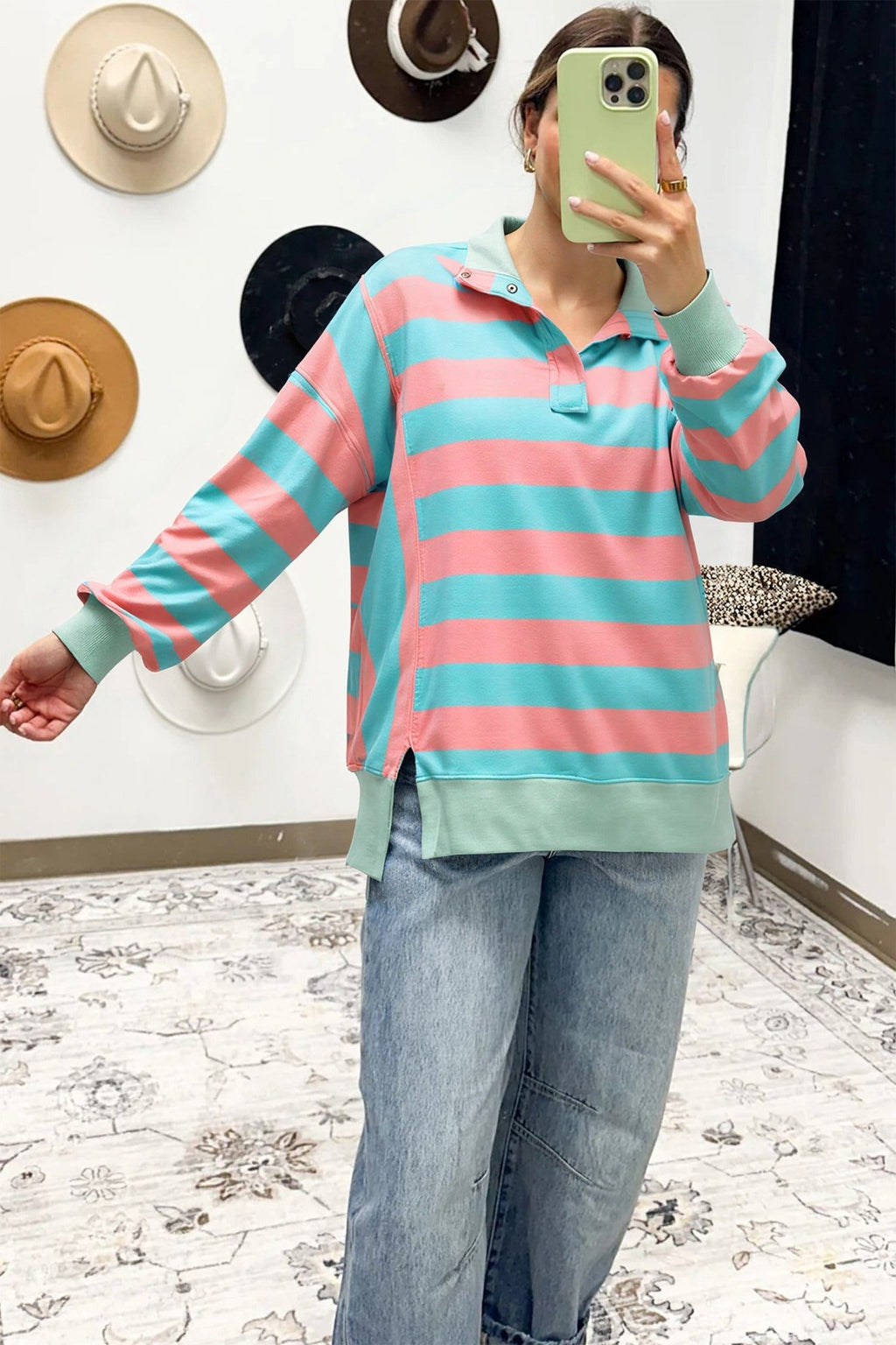Colorblock Stripe Buttoned Collar Side Slit Top - Rooted & Reckless Co.
