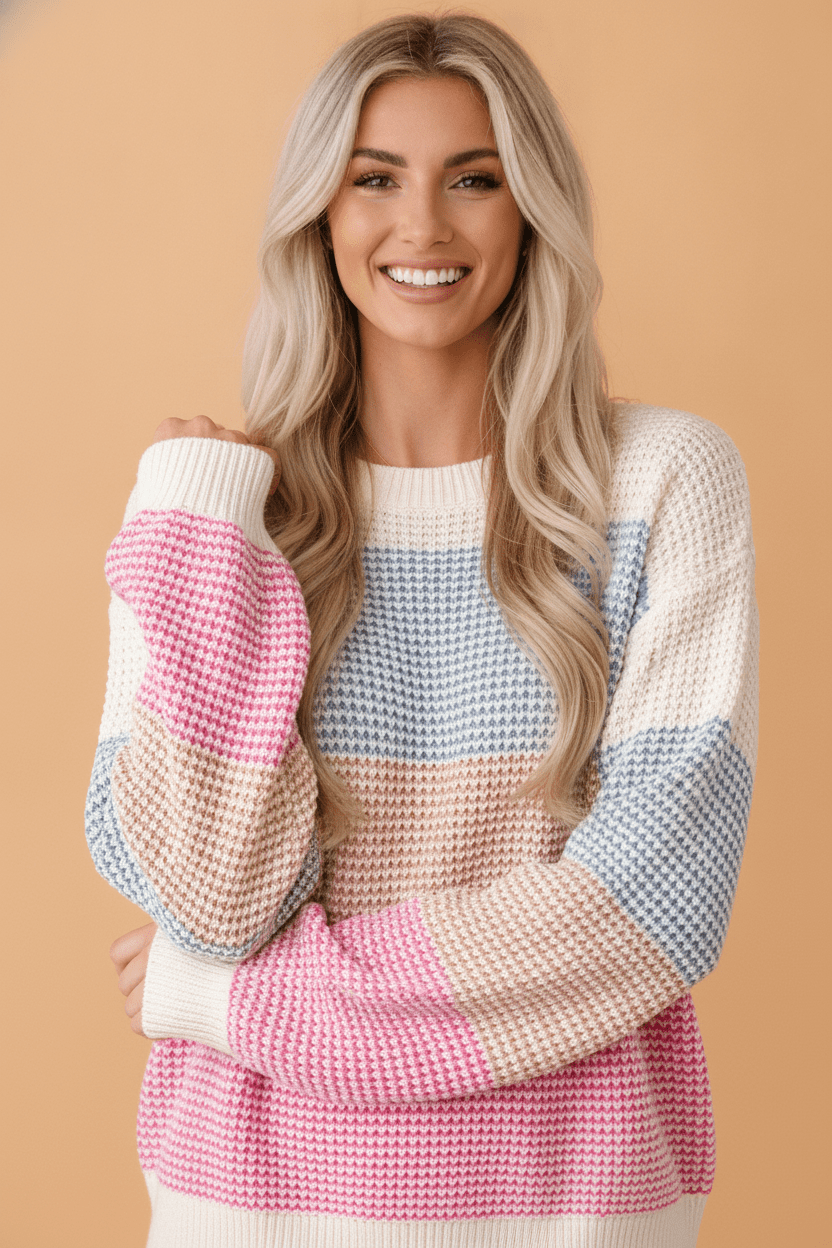Colorblock Stripe Drop Shoulder Round Neck Sweater - Rooted & Reckless Co.