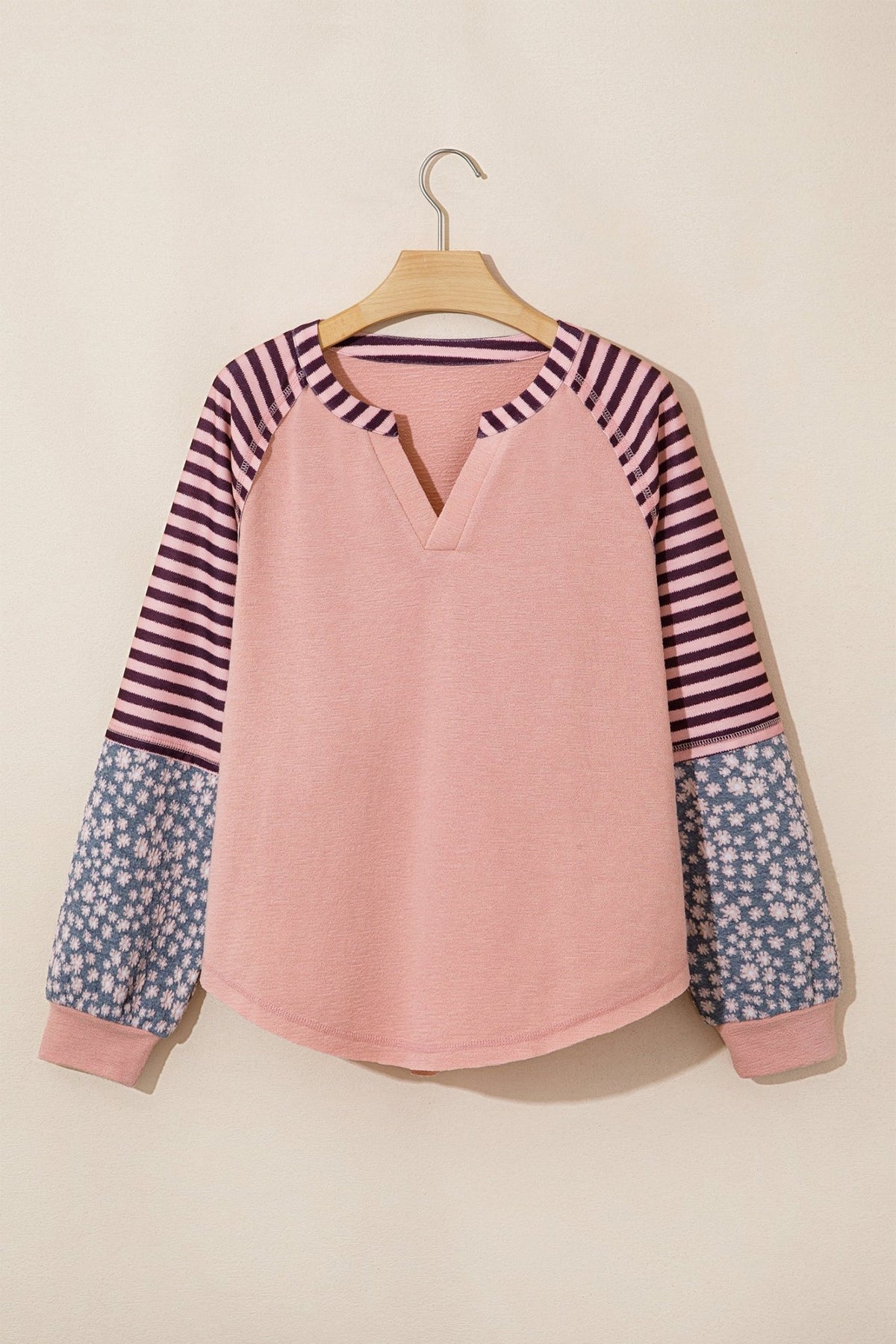 Colorblock Stripe Floral V-Neck Long Sleeve Top - Rooted & Reckless Co.