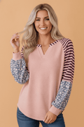 Colorblock Stripe Floral V-Neck Long Sleeve Top - Rooted & Reckless Co.