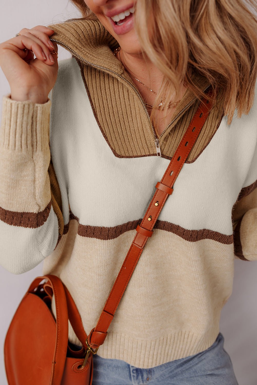 Colorblock Stripe Quarter Zip Collared Sweater - Rooted & Reckless Co.
