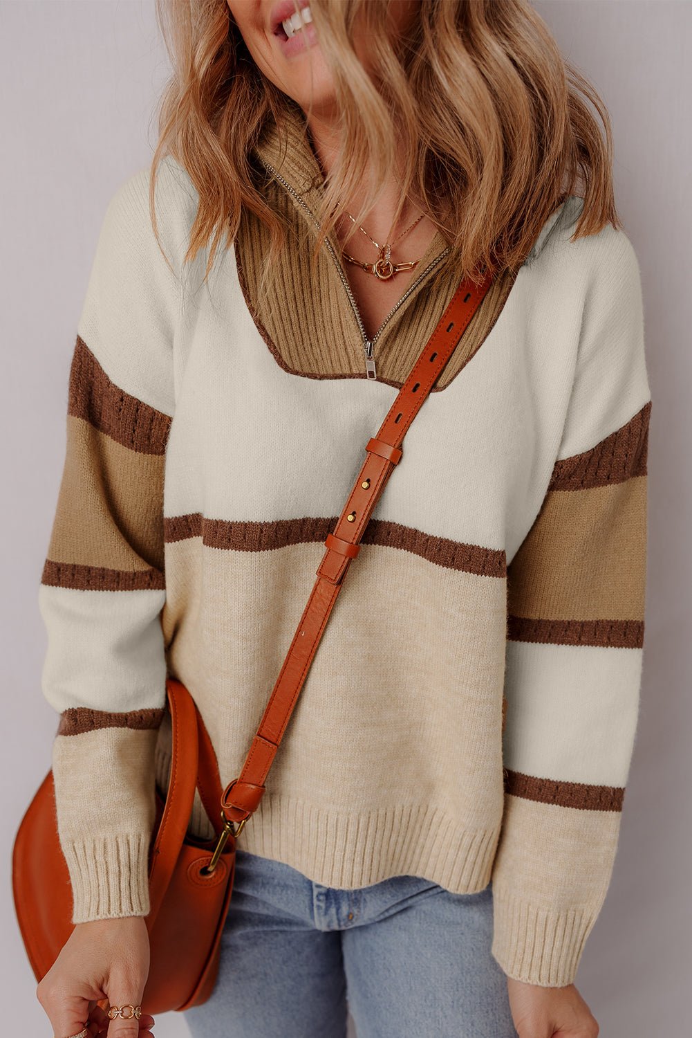 Colorblock Stripe Quarter Zip Collared Sweater - Rooted & Reckless Co.