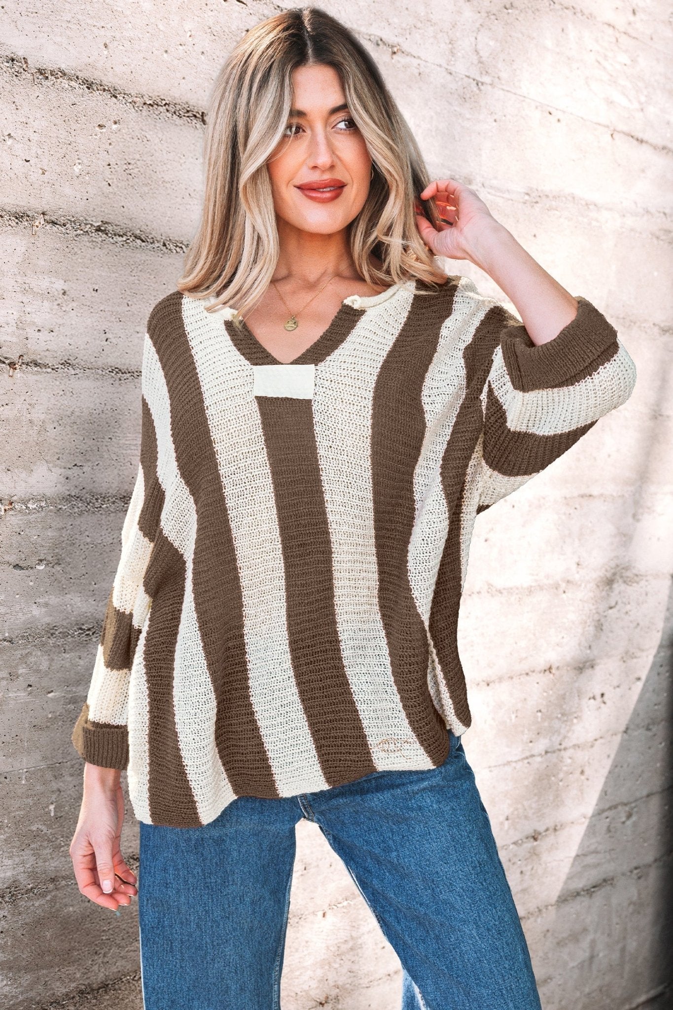 Colorblock Stripe V-Neck 3/4 Sleeve Sweater - Rooted & Reckless Co.