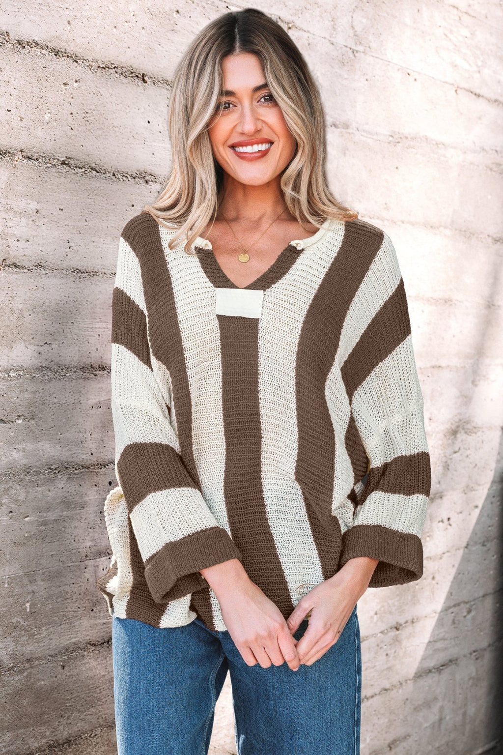 Colorblock Stripe V-Neck 3/4 Sleeve Sweater - Rooted & Reckless Co.