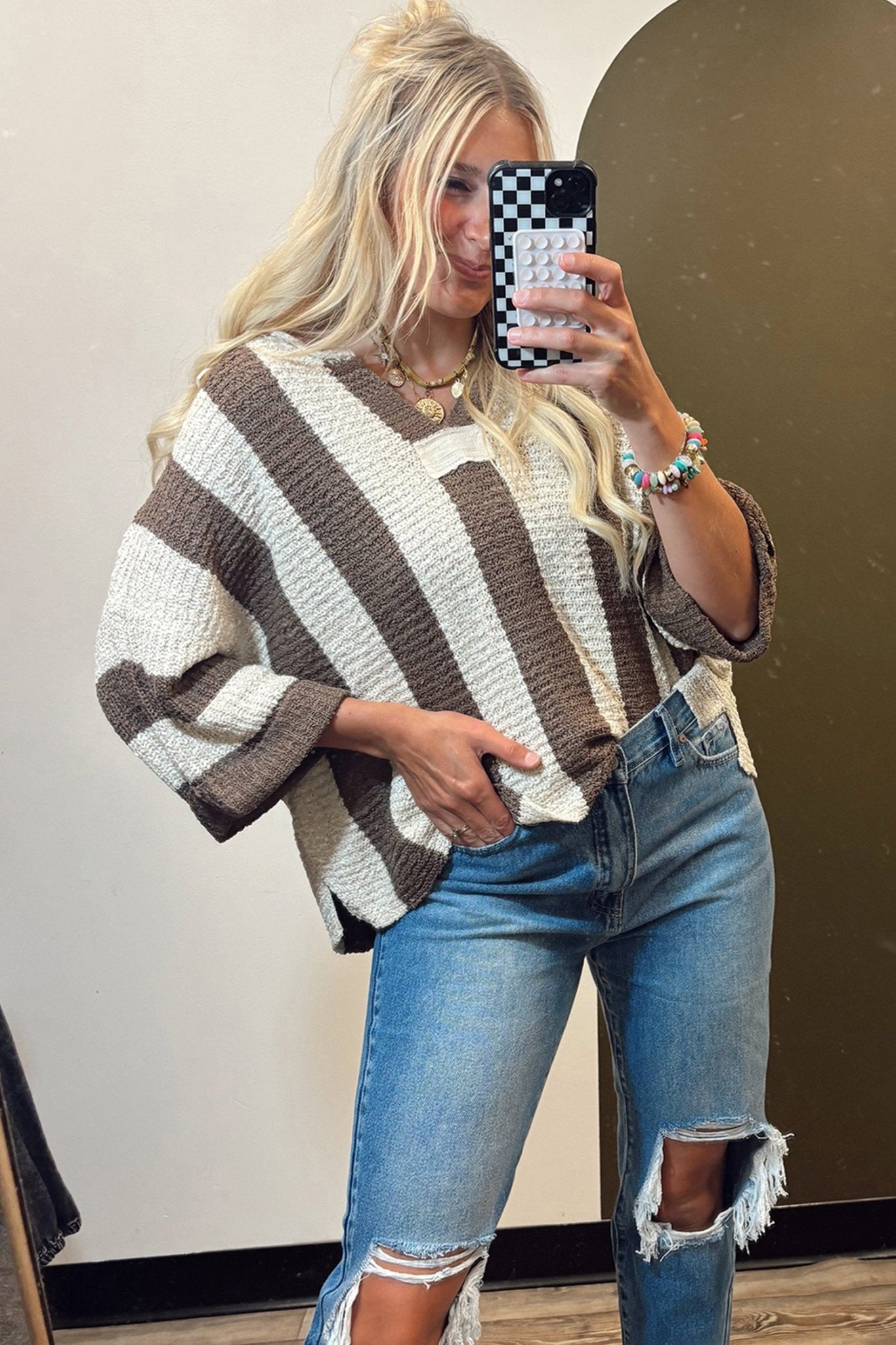 Colorblock Stripe V-Neck 3/4 Sleeve Sweater - Rooted & Reckless Co.