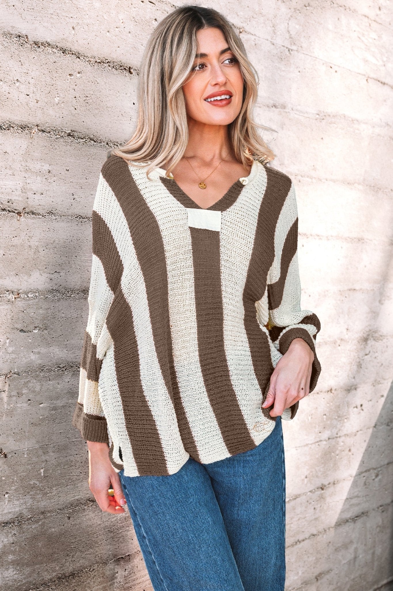 Colorblock Stripe V-Neck 3/4 Sleeve Sweater - Rooted & Reckless Co.