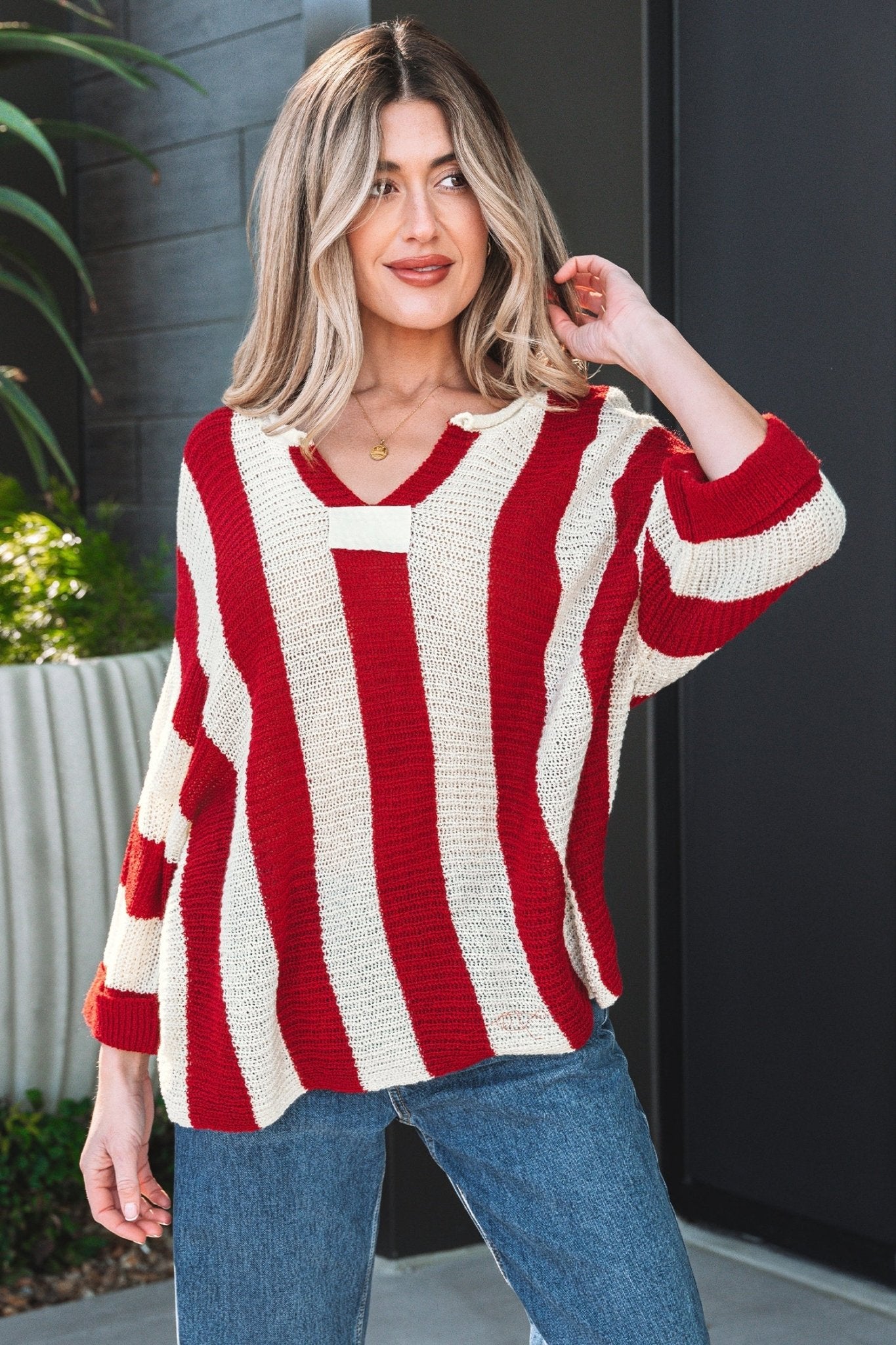 Colorblock Stripe V-Neck 3/4 Sleeve Sweater - Rooted & Reckless Co.
