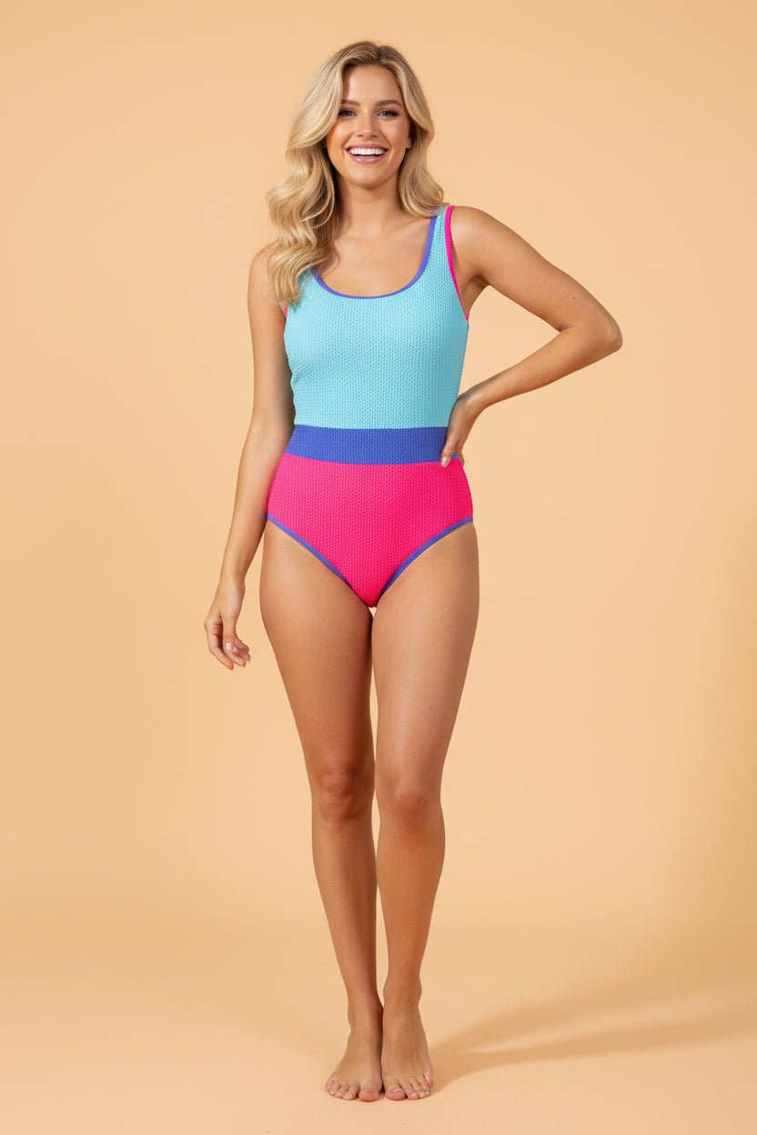 Colorblock Textured Patchwork One-Piece Swimsuit - Rooted & Reckless Co.