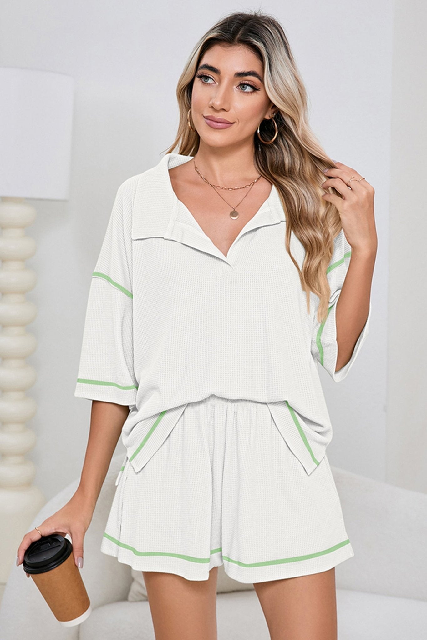 Colorblock Trim Waffle Knit Top and Shorts Set - Rooted & Reckless Co.