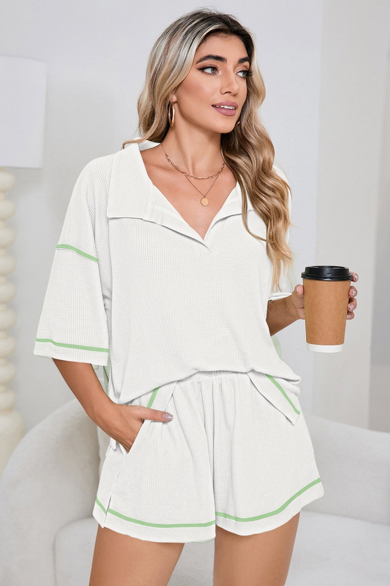 Colorblock Trim Waffle Knit Top and Shorts Set - Rooted & Reckless Co.