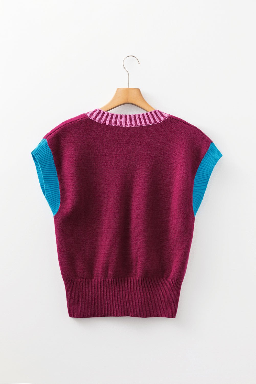 Colorblock V-Neck Cuffed Short Sleeve Sweater - Rooted & Reckless Co.