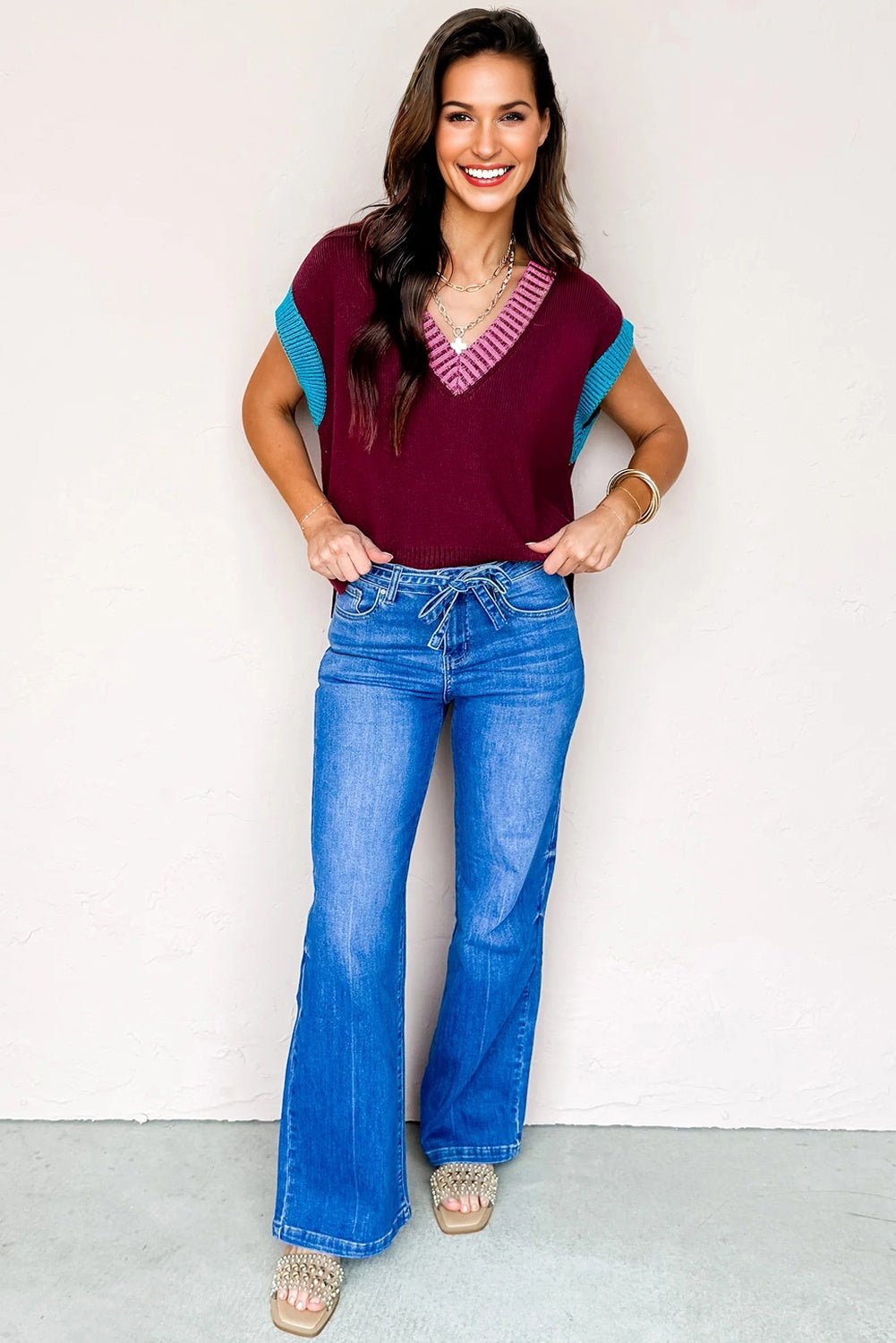 Colorblock V-Neck Cuffed Short Sleeve Sweater - Rooted & Reckless Co.