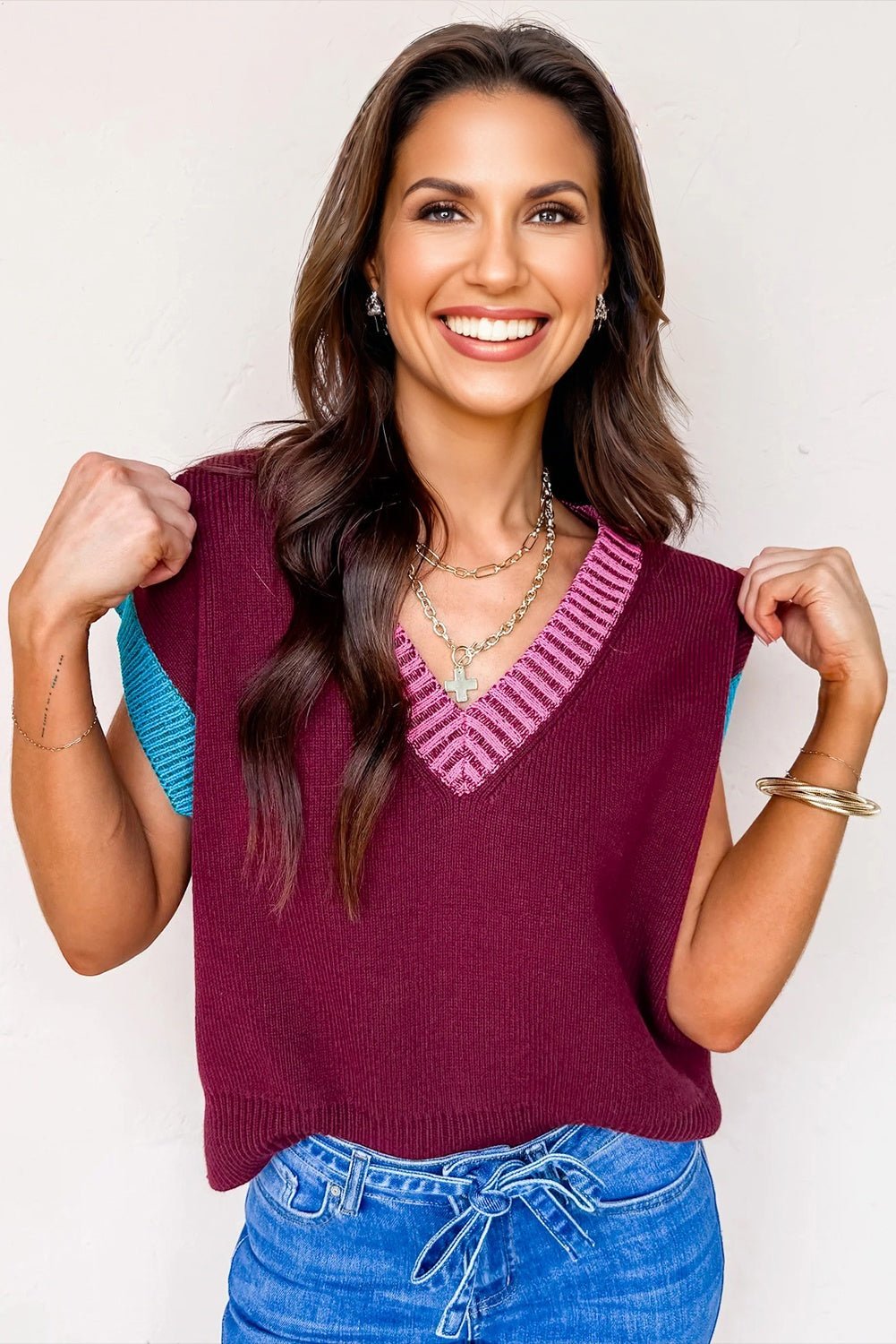 Colorblock V-Neck Cuffed Short Sleeve Sweater - Rooted & Reckless Co.