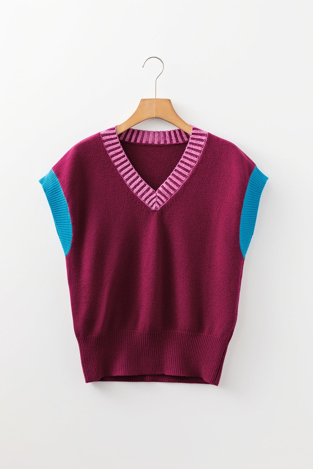 Colorblock V-Neck Cuffed Short Sleeve Sweater - Rooted & Reckless Co.