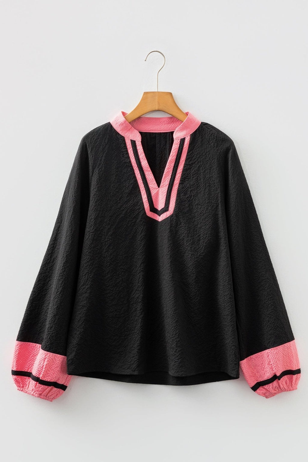 Colorblock V-Neck Textured Long Sleeve Blouse - Rooted & Reckless Co.