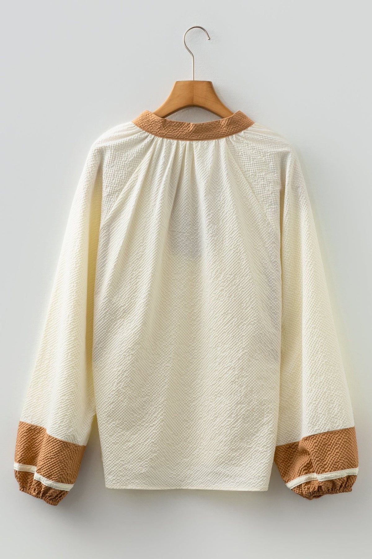 Colorblock V-Neck Textured Long Sleeve Blouse - Rooted & Reckless Co.