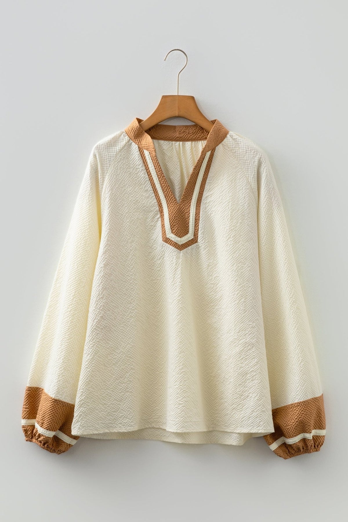 Colorblock V-Neck Textured Long Sleeve Blouse - Rooted & Reckless Co.