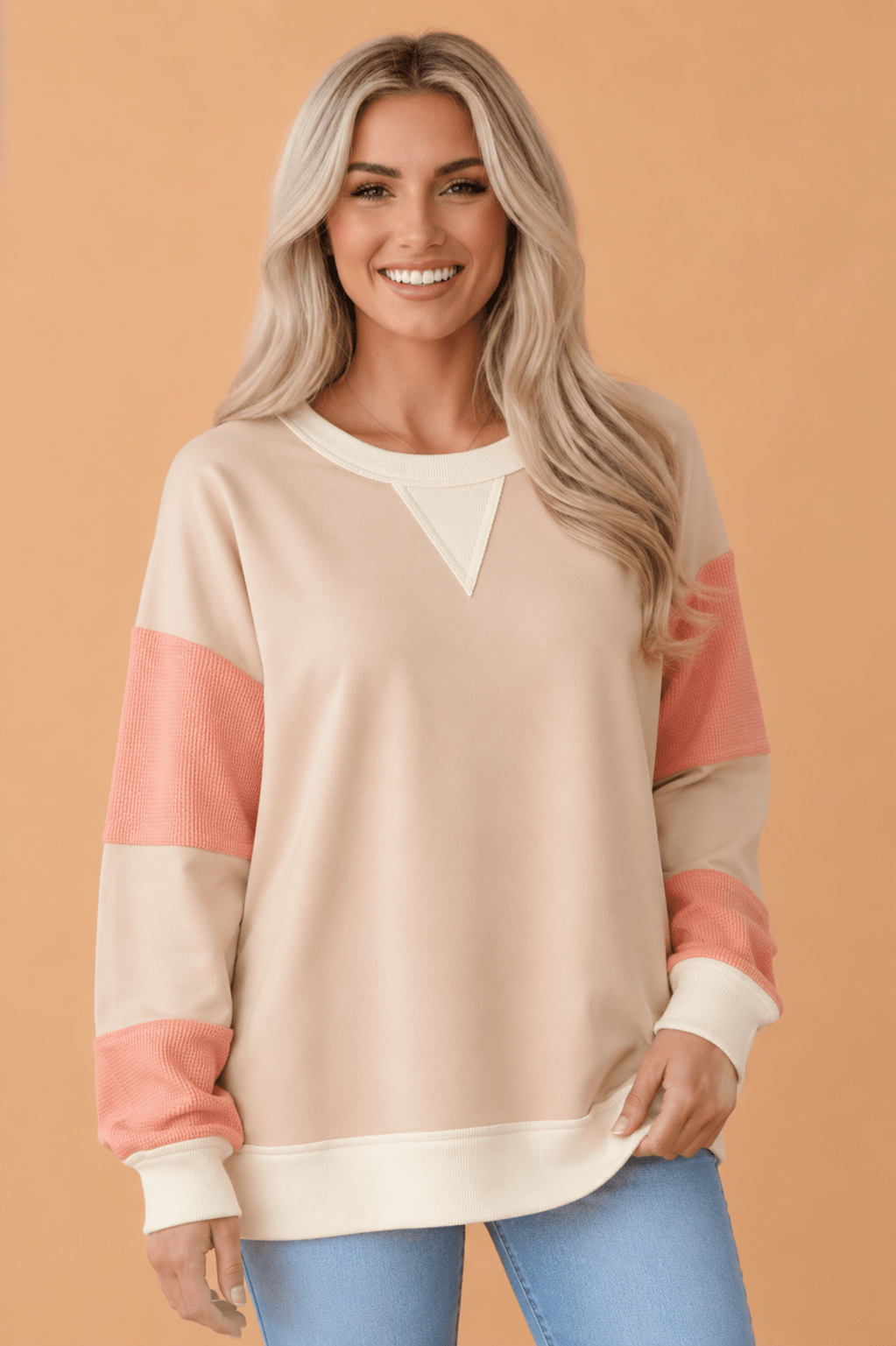 Colorblock Waffle Knit Patchwork Long Sleeve Sweatshirt - Rooted & Reckless Co.