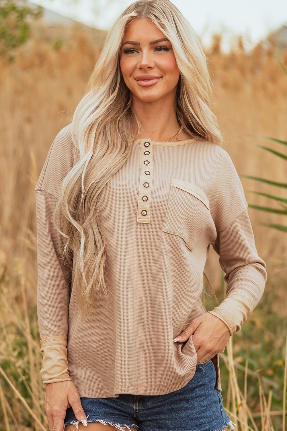 Colorblock Waffle Textured Henley Top - Rooted & Reckless Co.