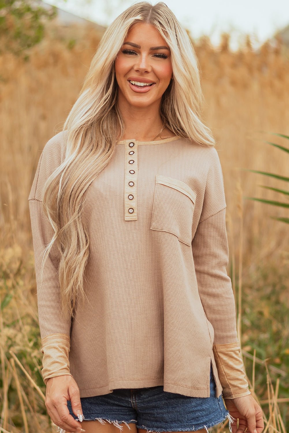 Colorblock Waffle Textured Henley Top - Rooted & Reckless Co.