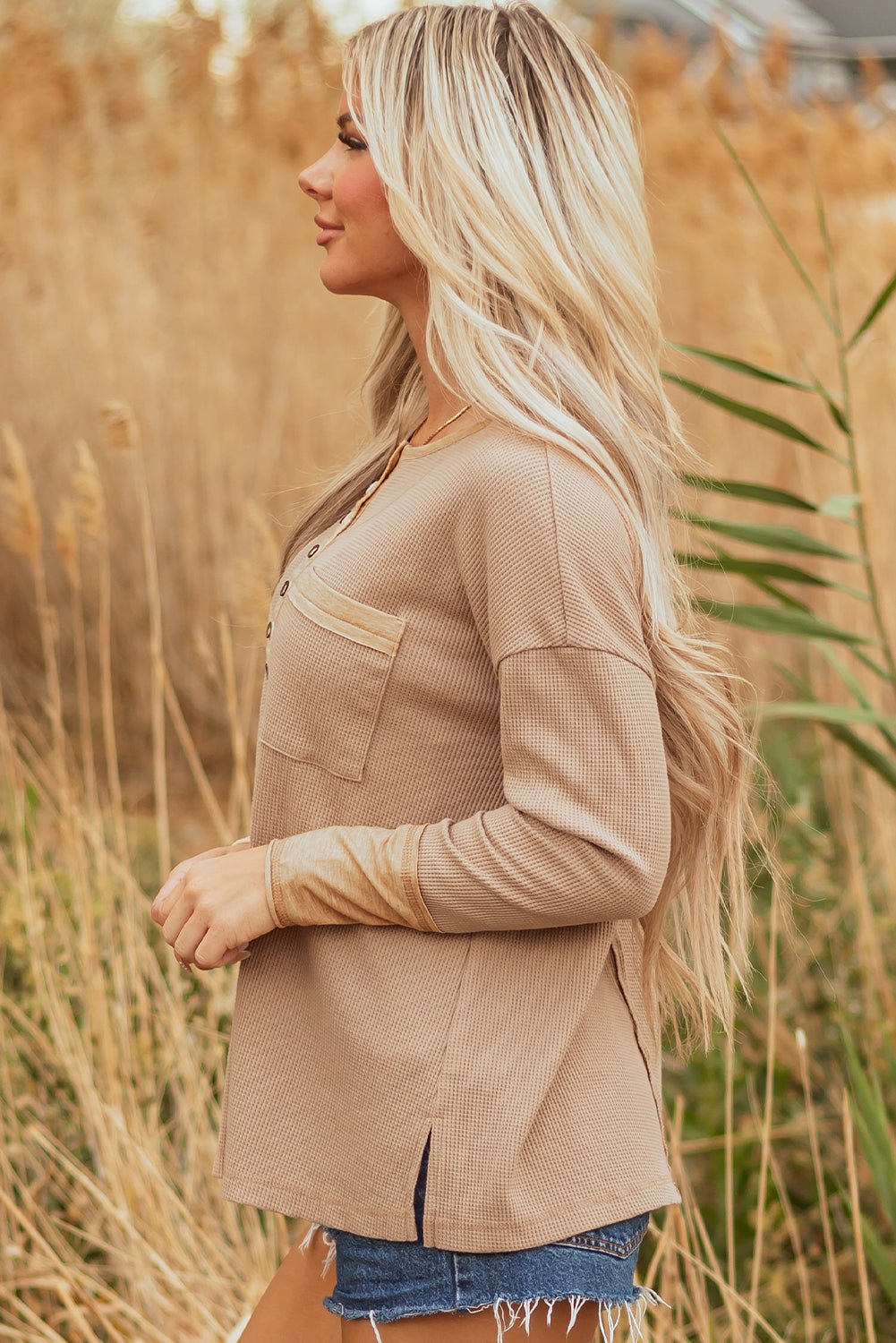 Colorblock Waffle Textured Henley Top - Rooted & Reckless Co.