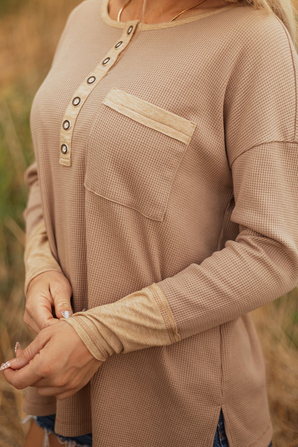 Colorblock Waffle Textured Henley Top - Rooted & Reckless Co.