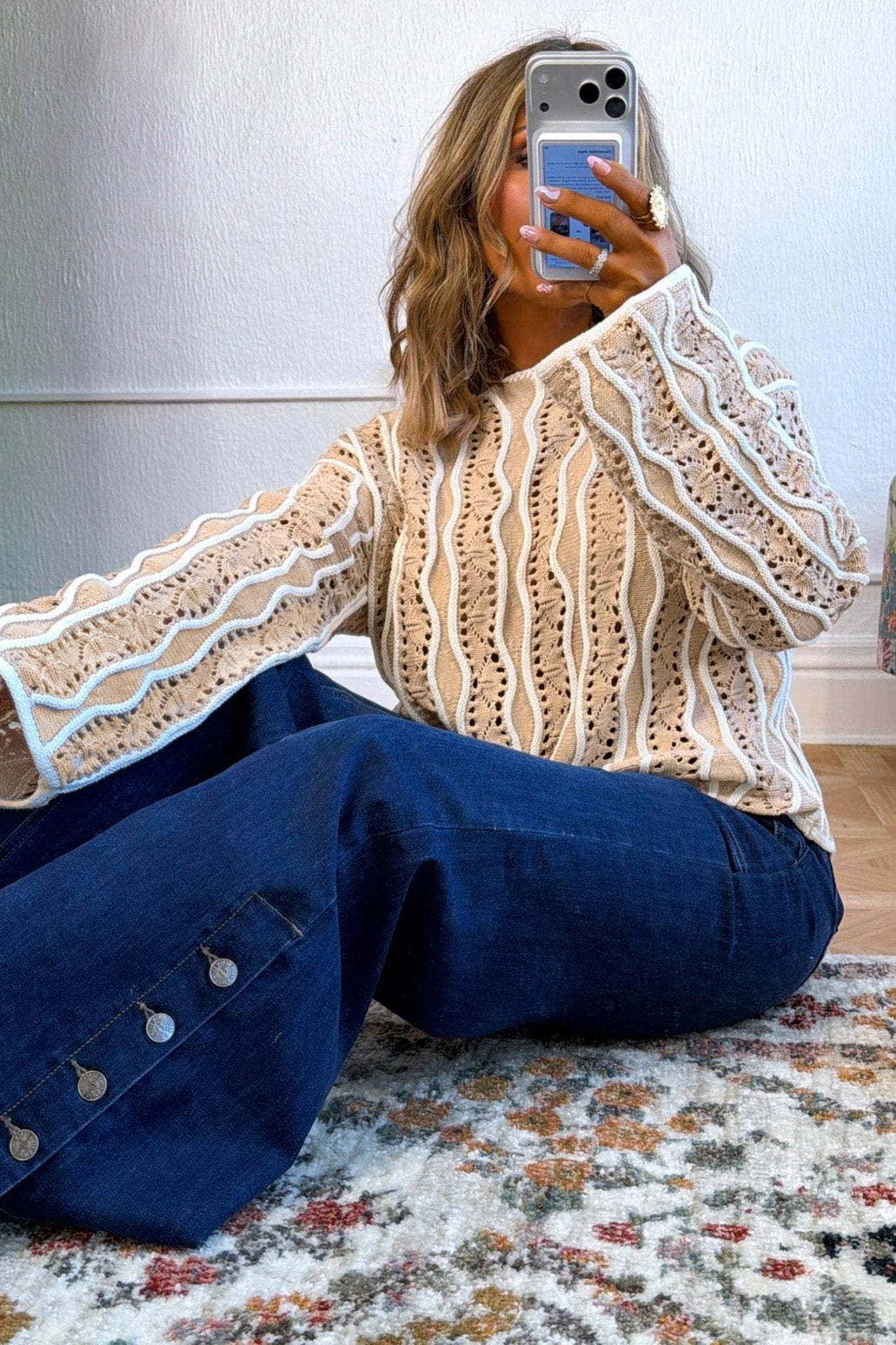 Colorblock Wavy Pointelle Knit Long Sleeve Sweater - Rooted & Reckless Co.