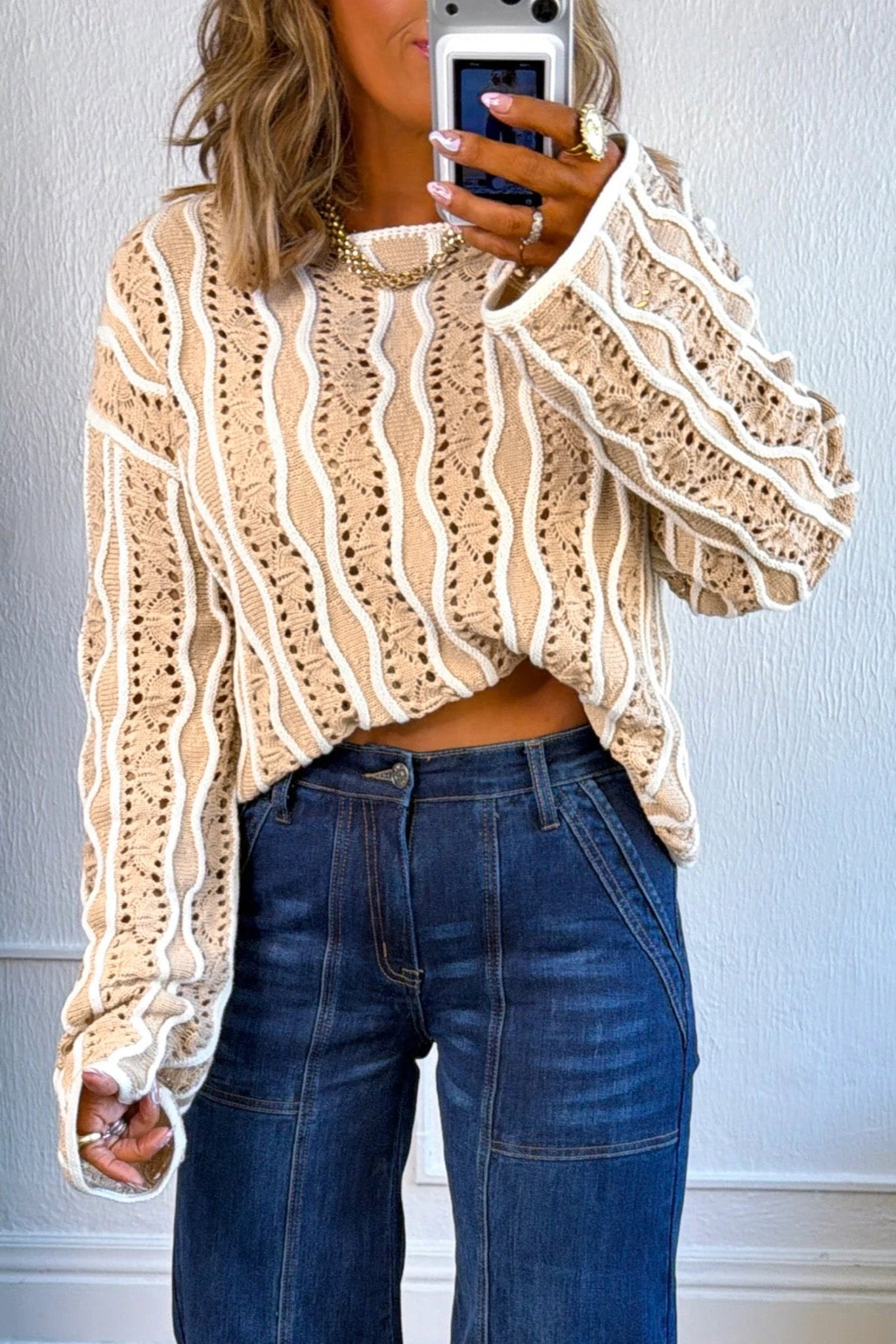 Colorblock Wavy Pointelle Knit Long Sleeve Sweater - Rooted & Reckless Co.