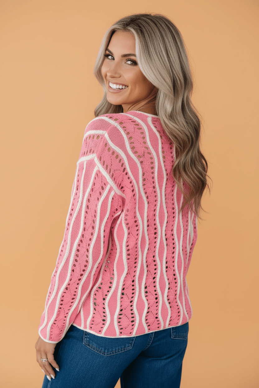 Colorblock Wavy Pointelle Knit Long Sleeve Sweater - Rooted & Reckless Co.