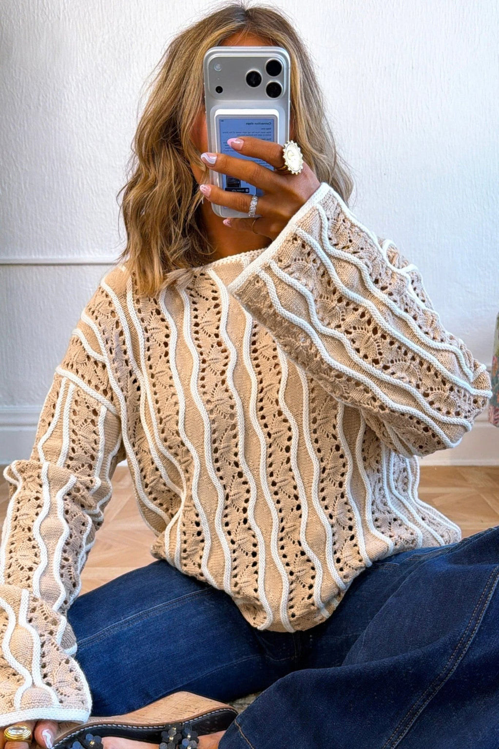 Colorblock Wavy Pointelle Knit Long Sleeve Sweater - Rooted & Reckless Co.
