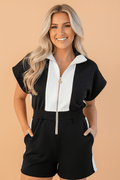 Colorblock Zip Front Collared Short Sleeve Romper - Rooted & Reckless Co.